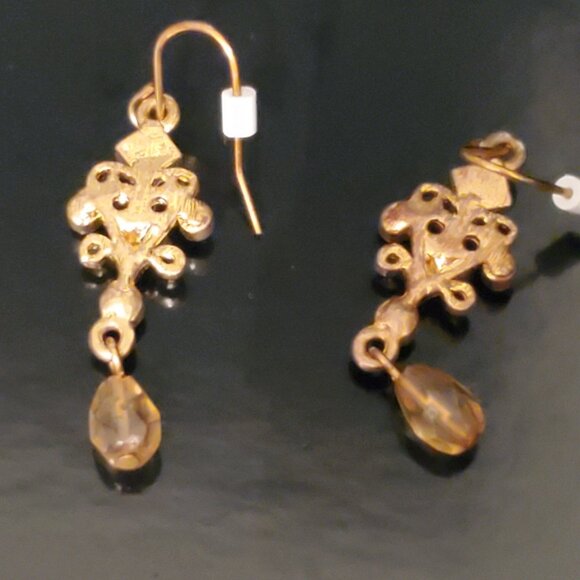 Vintage Ornate Gold & Brown Eye of Tiger Pink Beaded Dangle Earrings - Picture 5 of 6